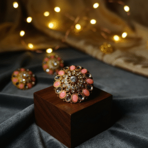 Gold-Plated Statement Kundan Ring with Pink & White Stones