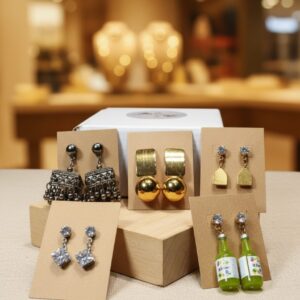 Women's Combo Pack of 6 Stylish Designer Earrings Set featuring oxidized jhumka, gold plated studs, crystal drop earrings, and novelty bottle-shaped earrings displayed on brown cards with white gift box in background